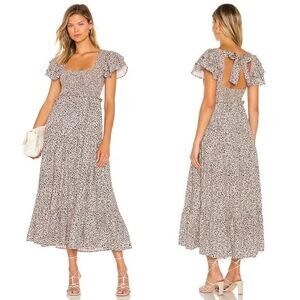 Revolve Majorelle Dress Beige Jade Maxi Cheetah Fit Flare Tiered Smocked Small
